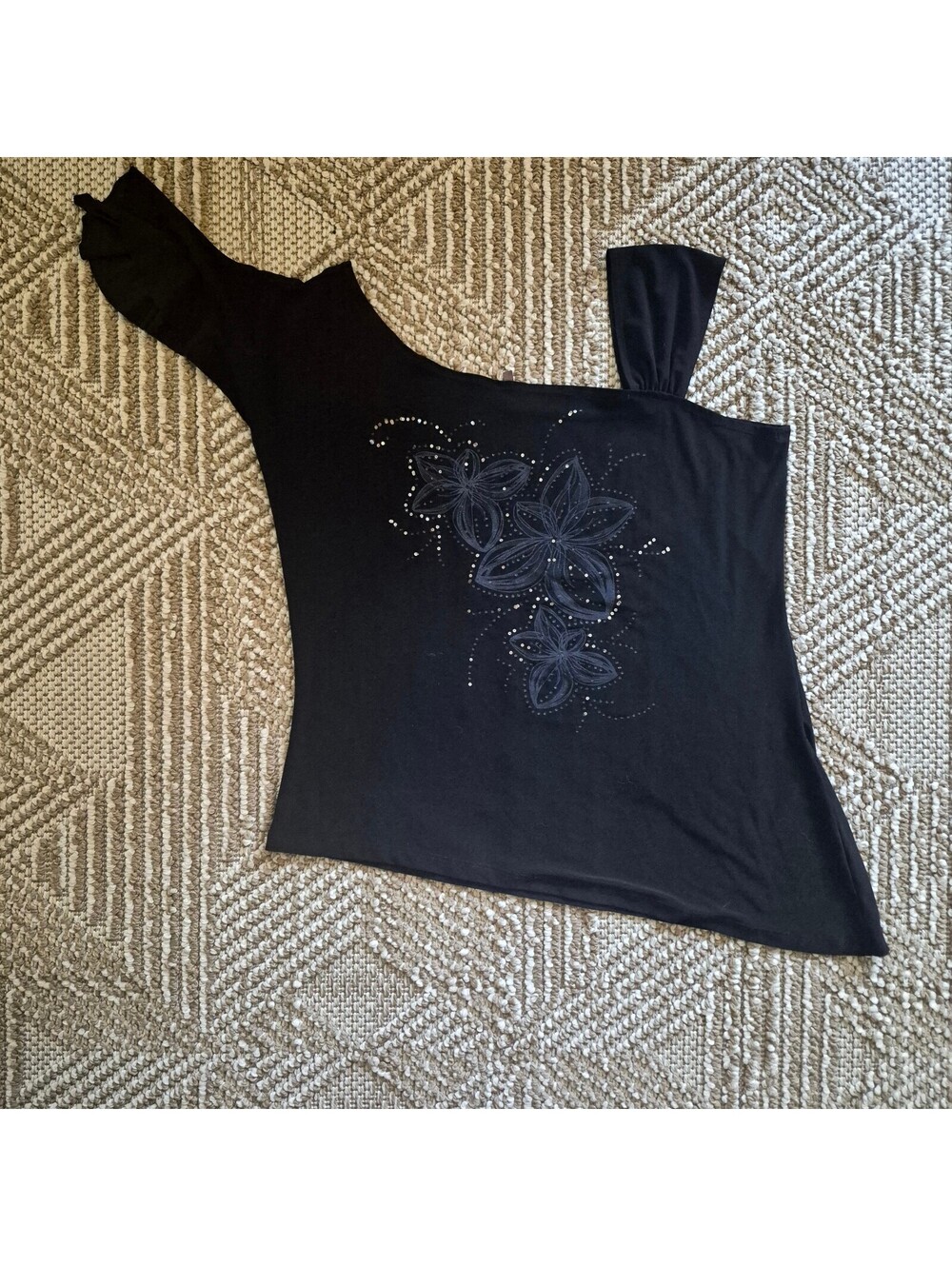 Y2K Black One Shoulder Floral Rhinestone Top Dark Romantic Goth Glam L XL